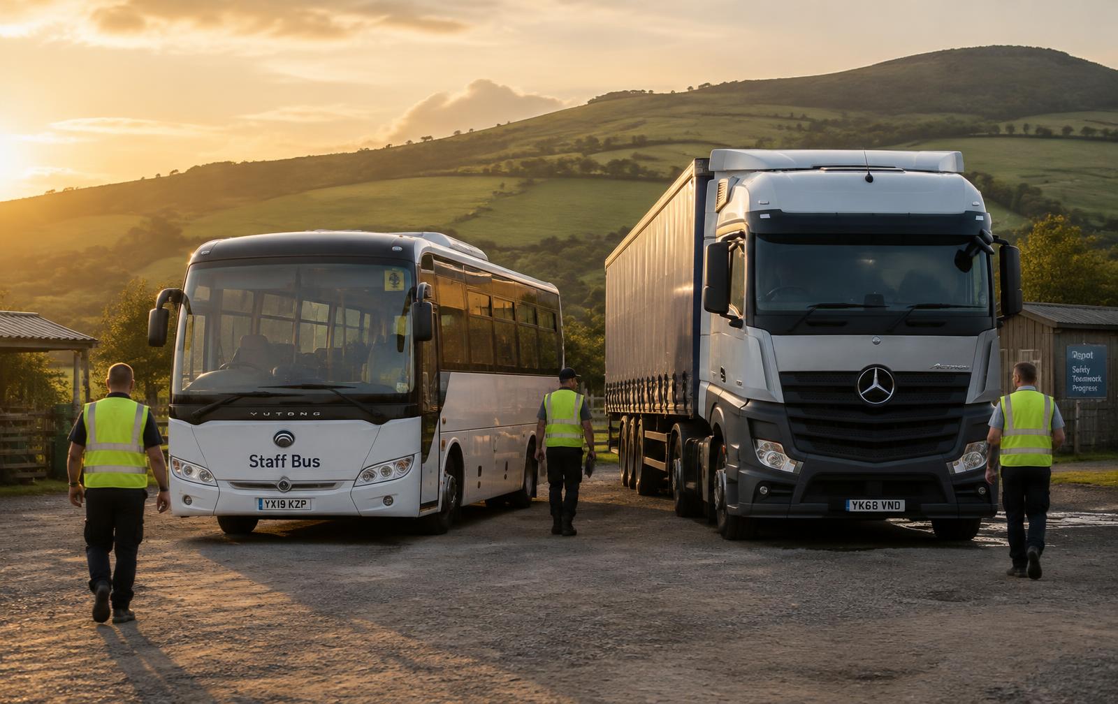 Staff bus and freight truck at a depot